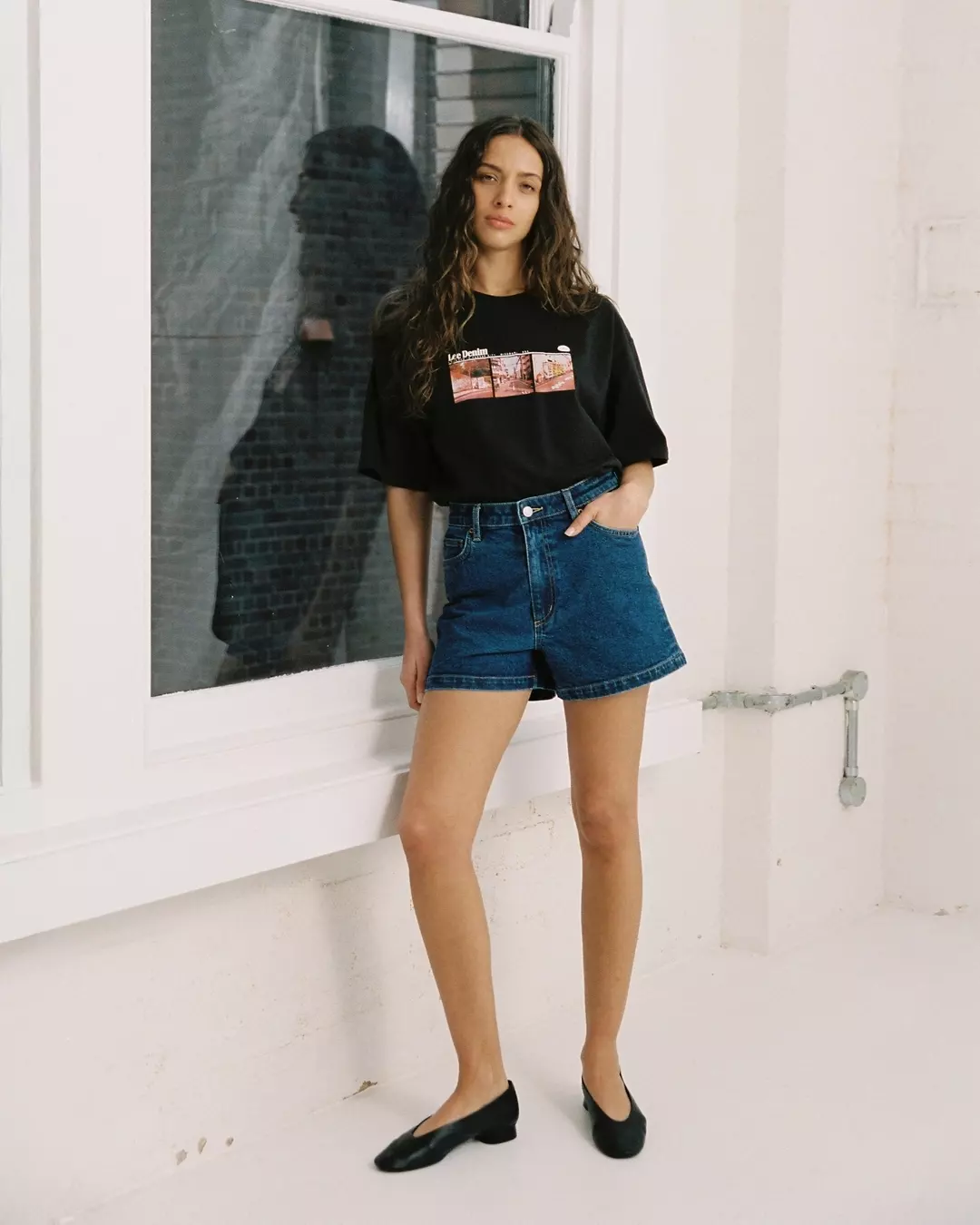 summer denim shorts 2026 Graphic Tee With Dark Denim Shorts And Ballet Flats