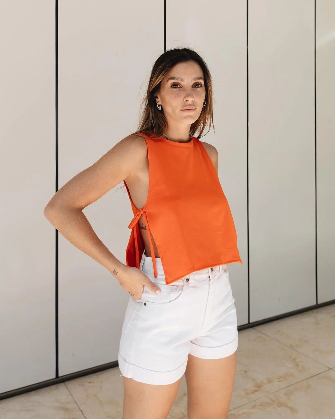 summer denim shorts 2026 Orange Tie Side Top With White Denim Shorts
