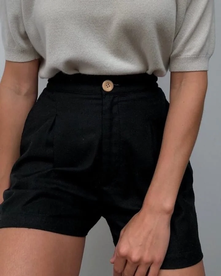 summer denim shorts 2026 Soft Knit Top With Black Tailored Denim Shorts