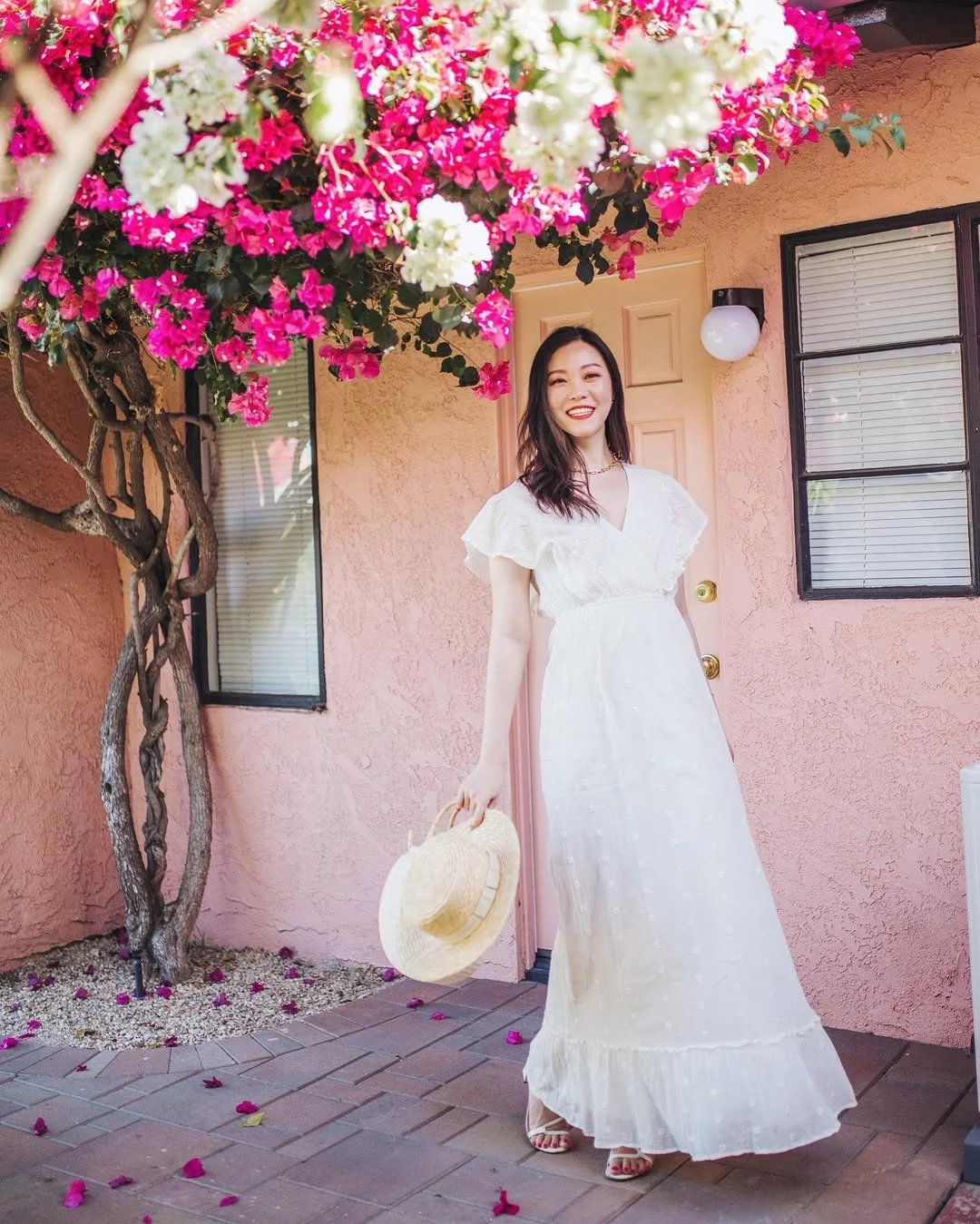 summer flowy maxi dresses 2026 + White Ruffle Maxi Under Bright Bougainvillea