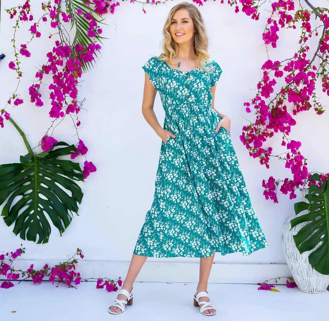 summer flowy maxi dresses 2026 + Teal Floral Button Dress With Garden Freshness