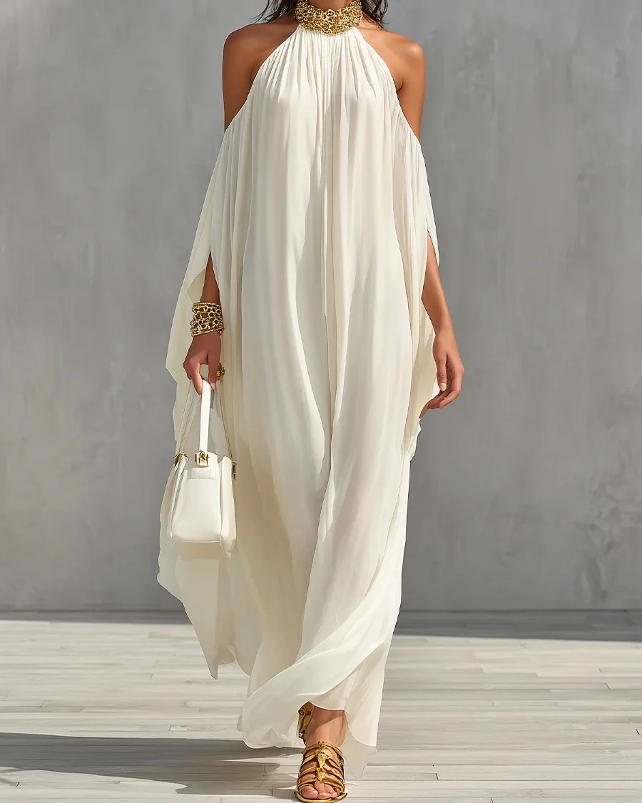 summer flowy maxi dresses 2026 + Goddess Draping With Gold Accessories