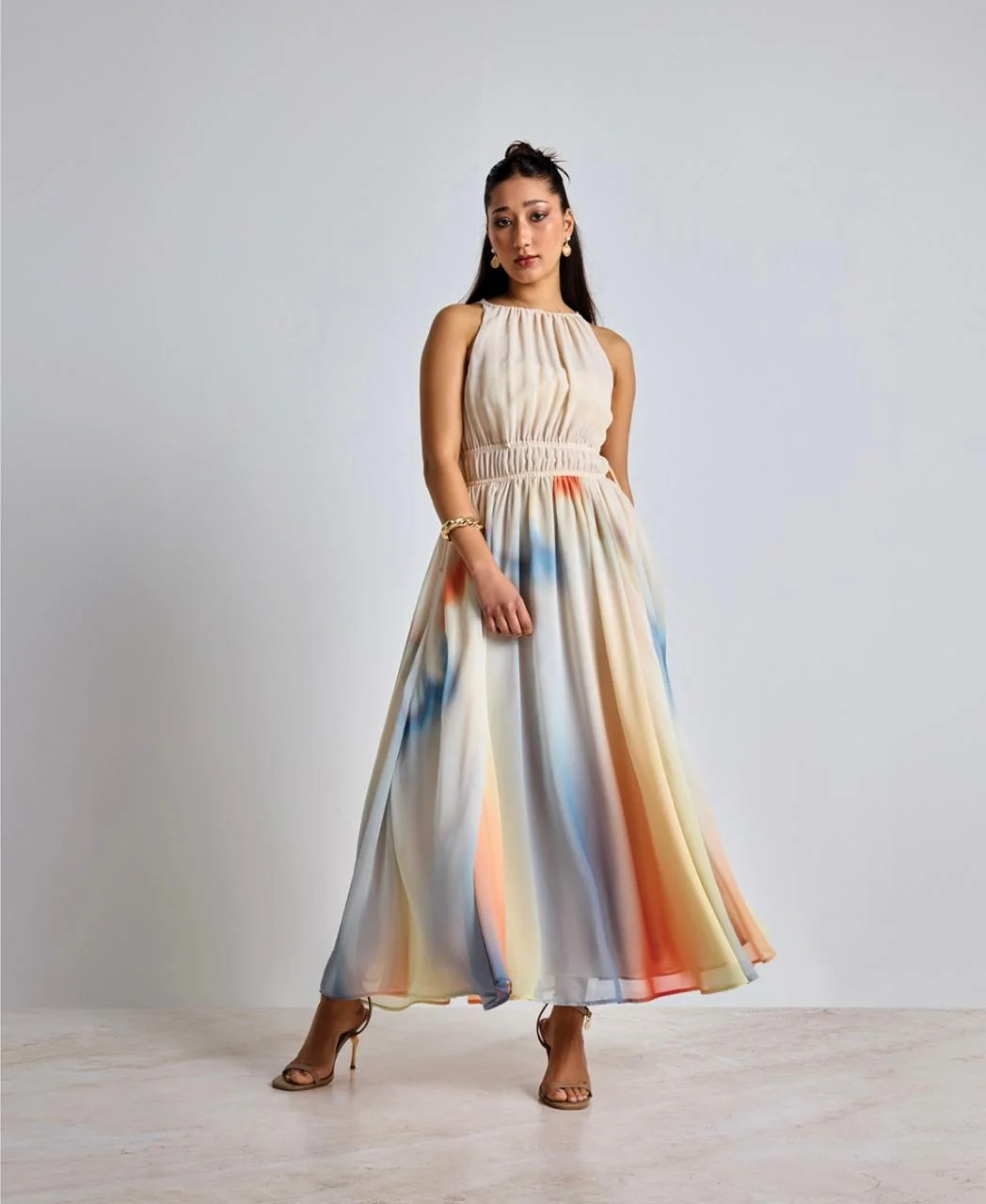summer flowy maxi dresses 2026 + Watercolor Halter Drama With A Soft Waist