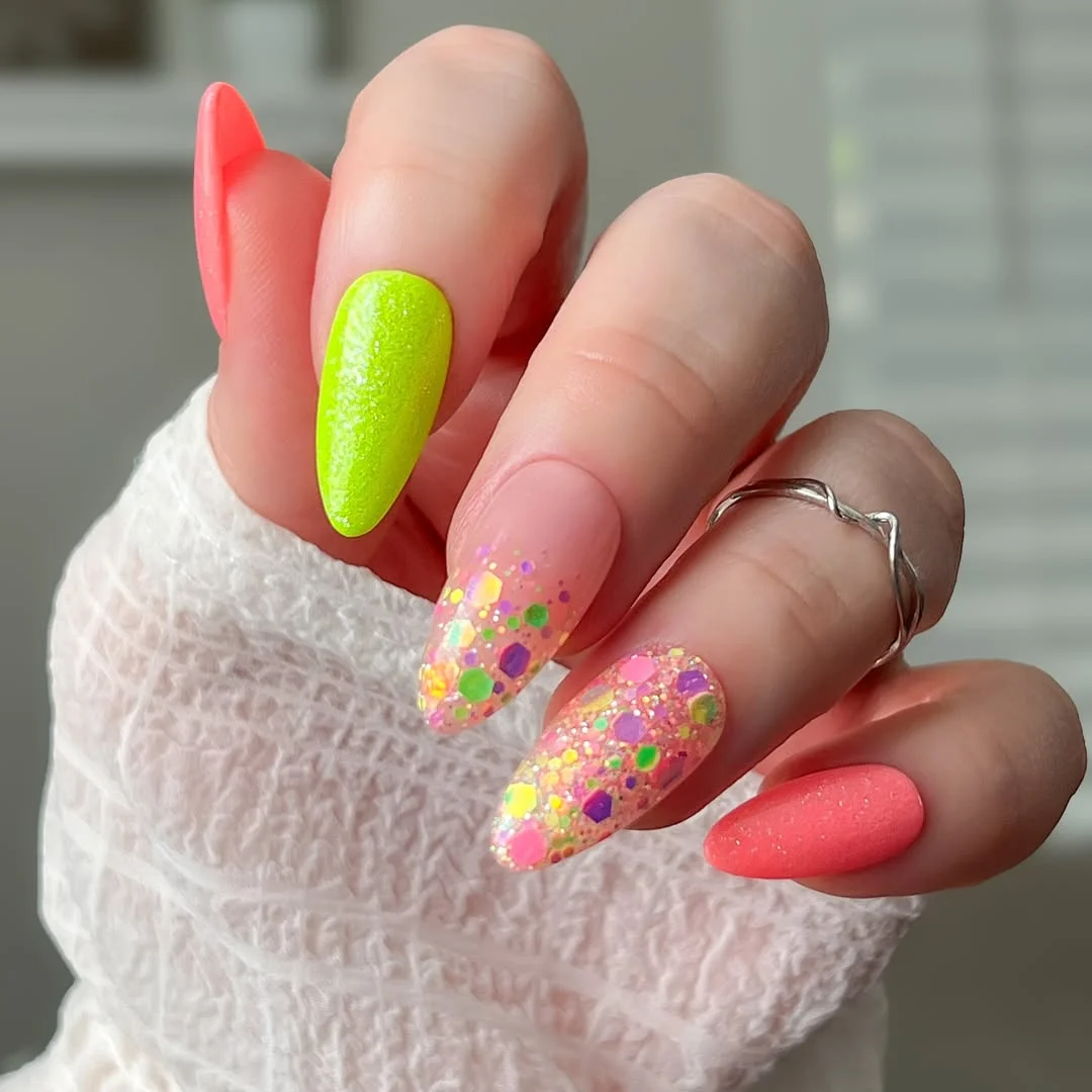 summer glitter nails 2026 + Neon Confetti Almond Nails for Sunlit Weekends