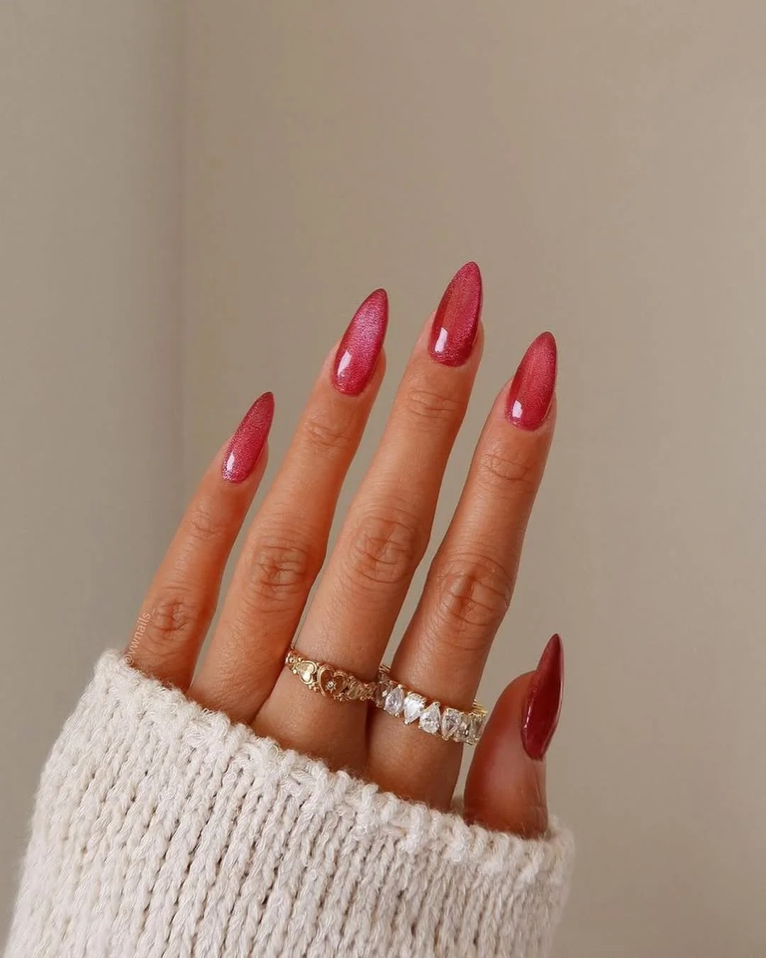 summer glitter nails 2026 + Raspberry Red Shimmer Almond Nails