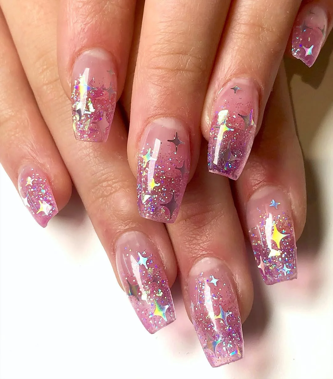 summer glitter nails 2026 + Pink Stardust Square Nails with a Glossy Glow