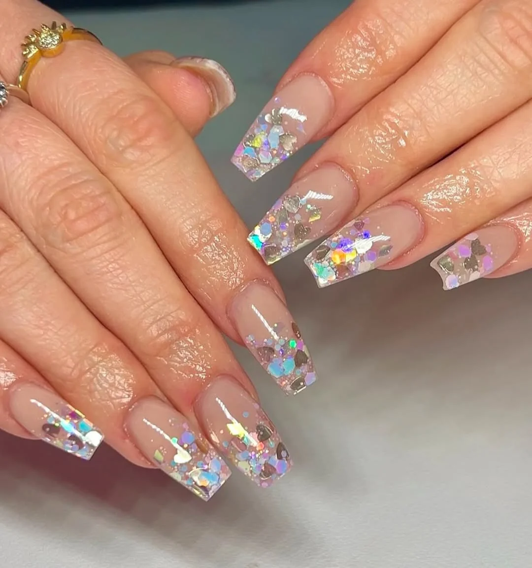 summer glitter nails 2026 + Pastel Confetti French Tip Square Nails