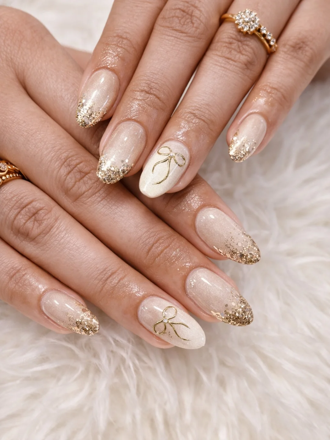 summer glitter nails 2026 + Champagne Bow Glitter Almond Nails