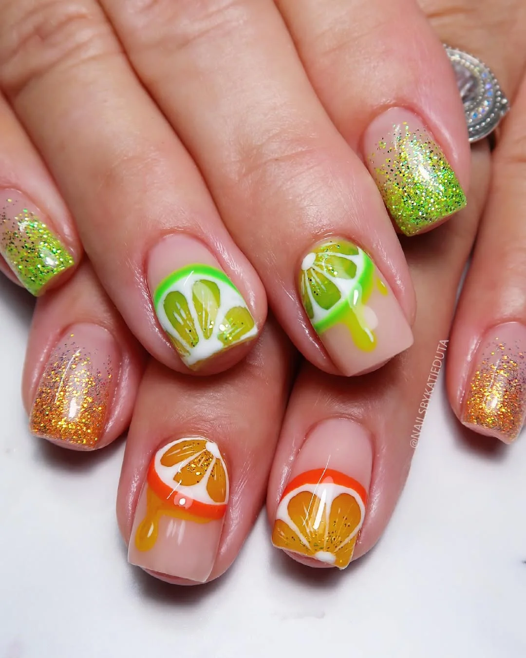 summer glitter nails 2026 + Citrus Slice Glitter Square Nails