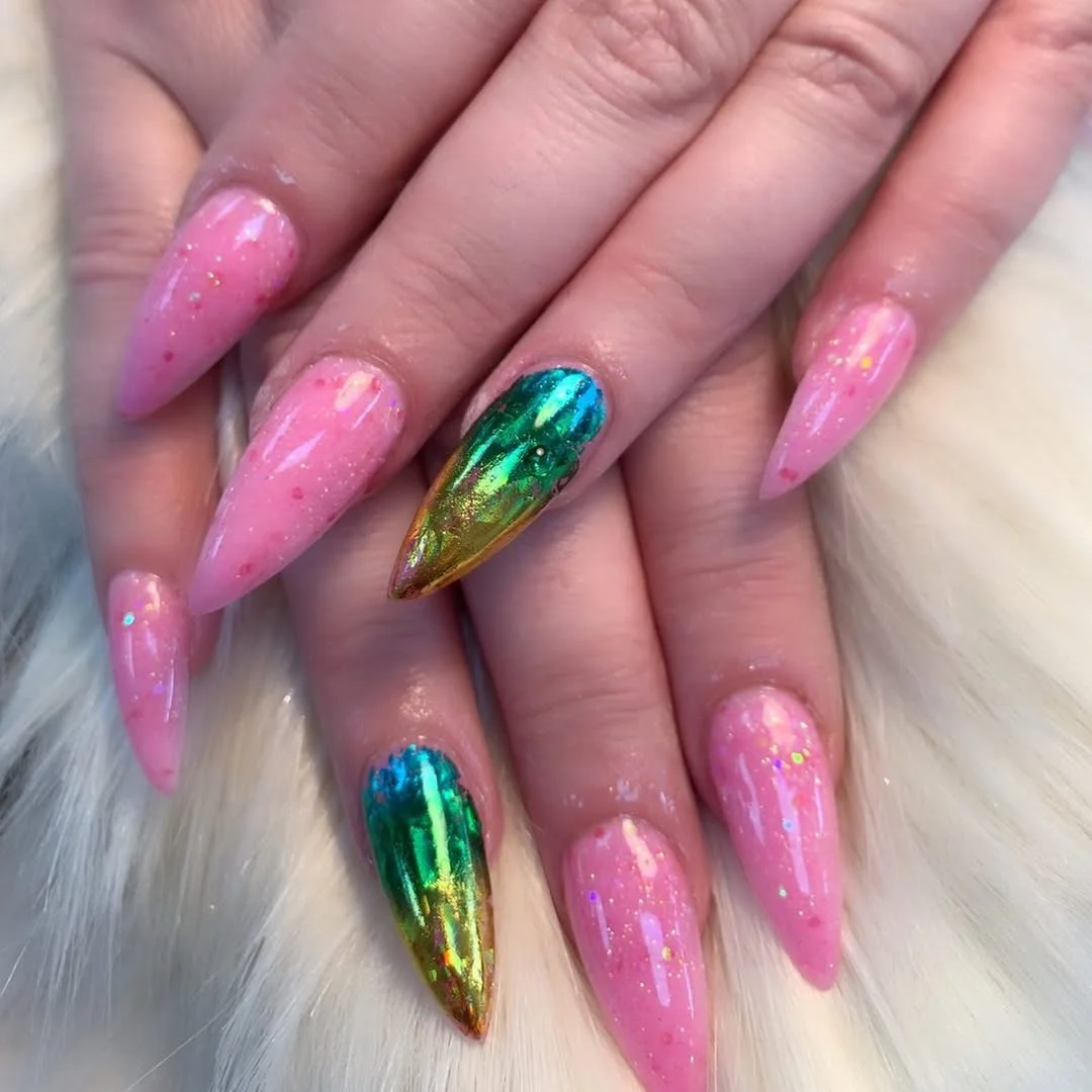 summer glitter nails 2026 + Pink Glitter Stiletto Nails with Mermaid Chrome Accents