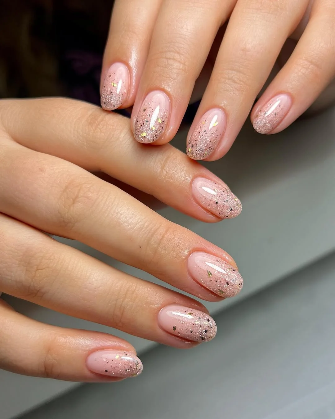 summer glitter nails 2026 + Soft Champagne Glitter Fade on Short Nude Nails