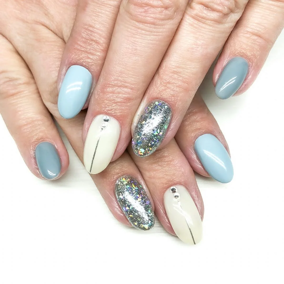 summer glitter nails 2026 + Icy Blue Glitter Accent Nails with Minimal Detail