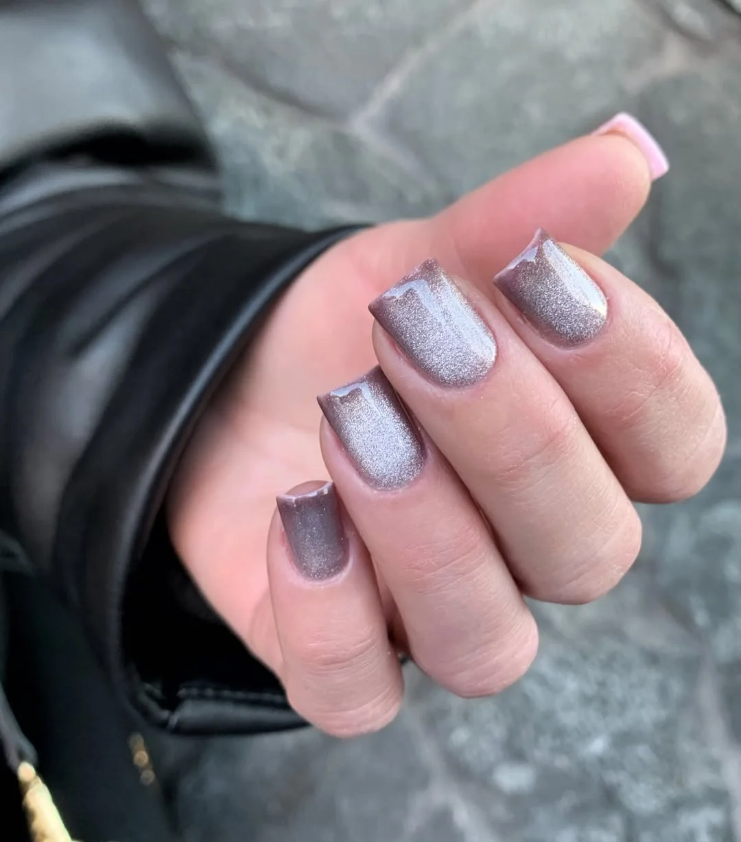 summer glitter nails 2026 + Smoky Silver Shimmer Square Nails