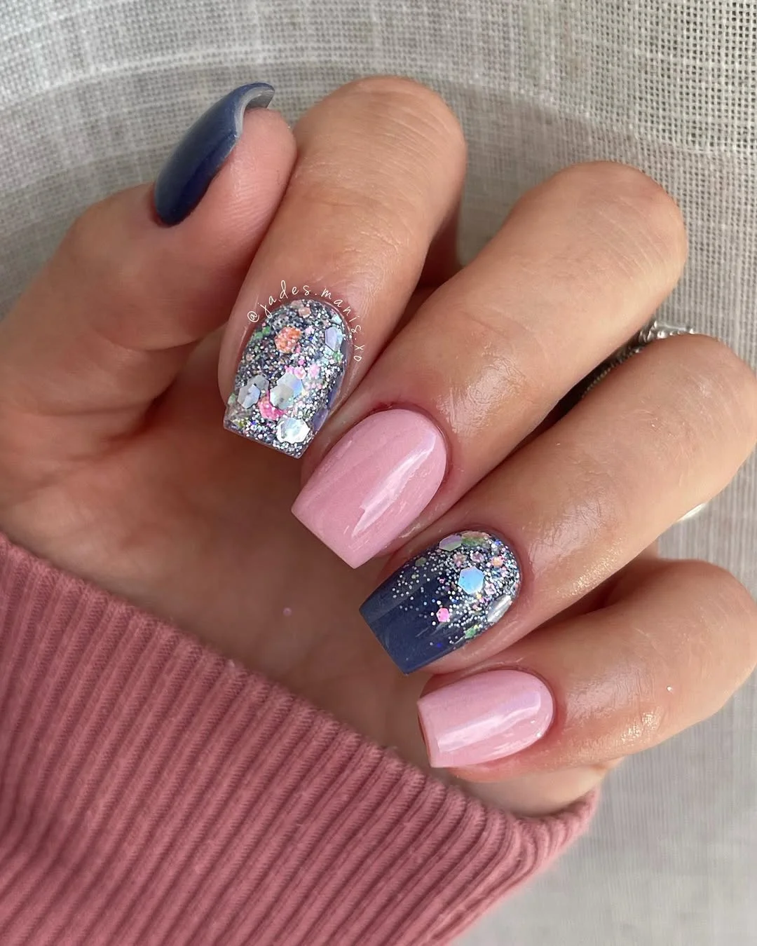 summer glitter nails 2026 + Midnight Blue and Blush Glitter Square Nails