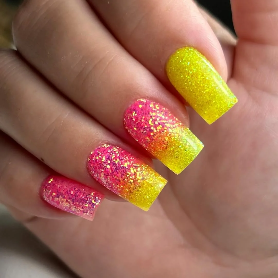 summer glitter nails 2026 + Pink Lemonade Glitter Square Nails