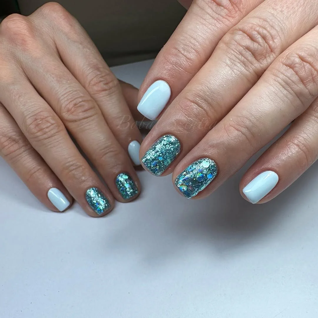 summer glitter nails 2026 + Icy Blue and Teal Glitter Nails for Ocean Light