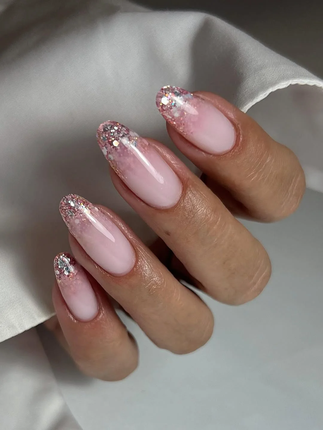 summer glitter nails 2026 + Rose Champagne Glitter French Almond Nails