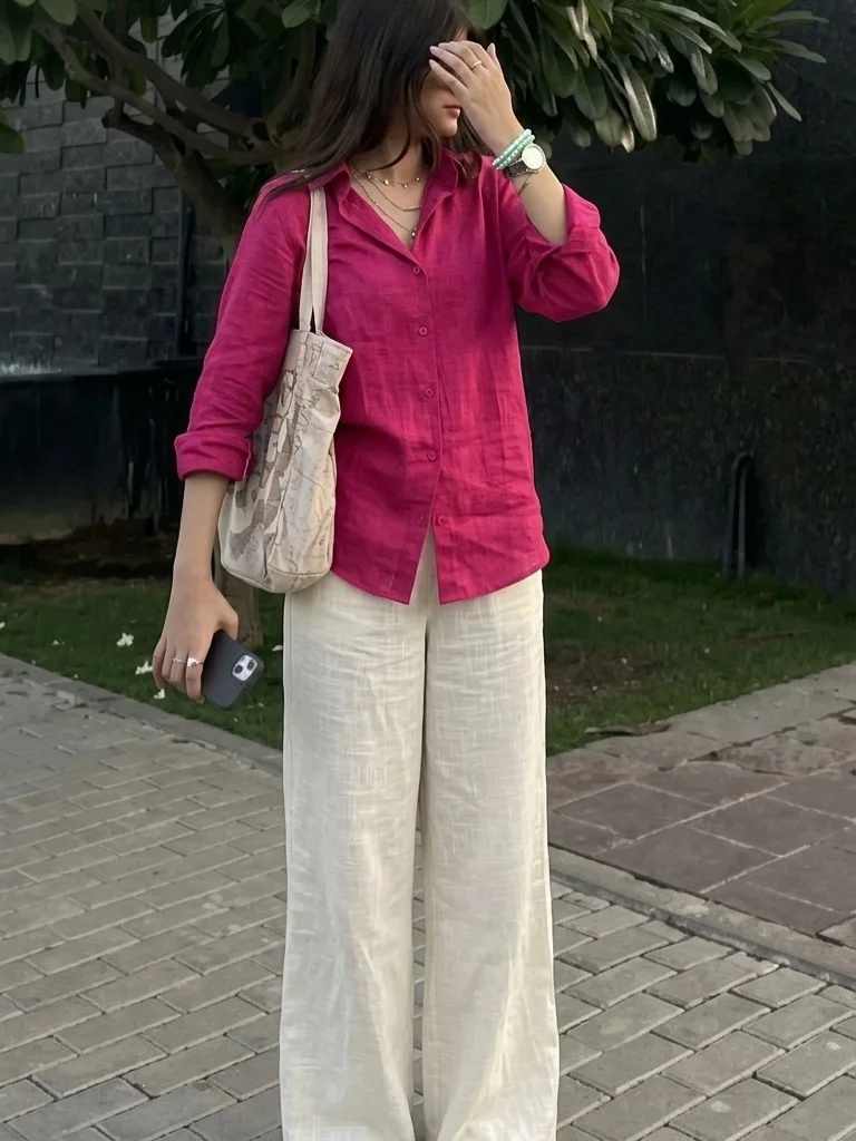 summer linen outfits 2026 Bright Pink Linen With Soft White Wide-Leg Pants