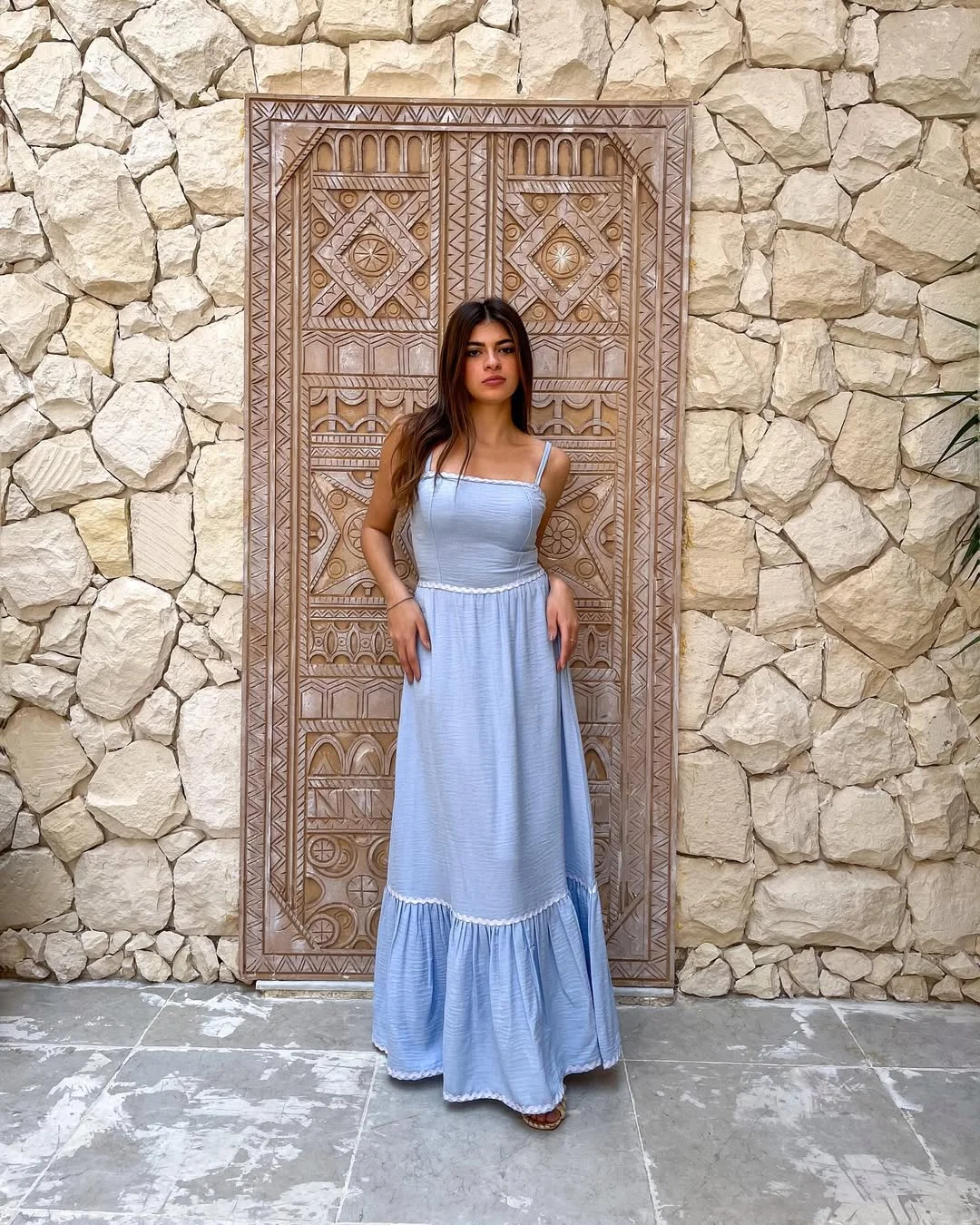 summer linen outfits 2026 Powder Blue Maxi Dress With A Soft Resort Shape