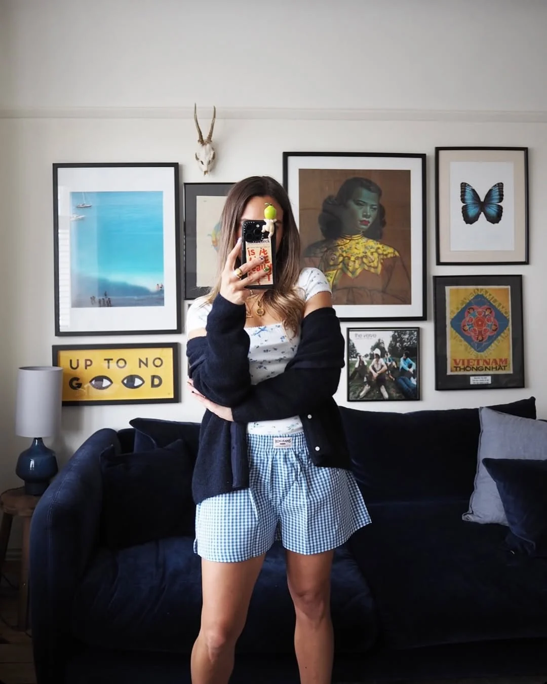 summer linen outfits 2026 Gingham Boxer Shorts With A Soft Layered Cardigan