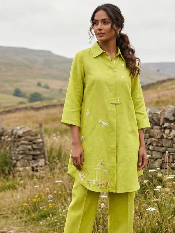 summer linen outfits 2026 Lime Green Linen Tunic Set With Sweet Embroidery