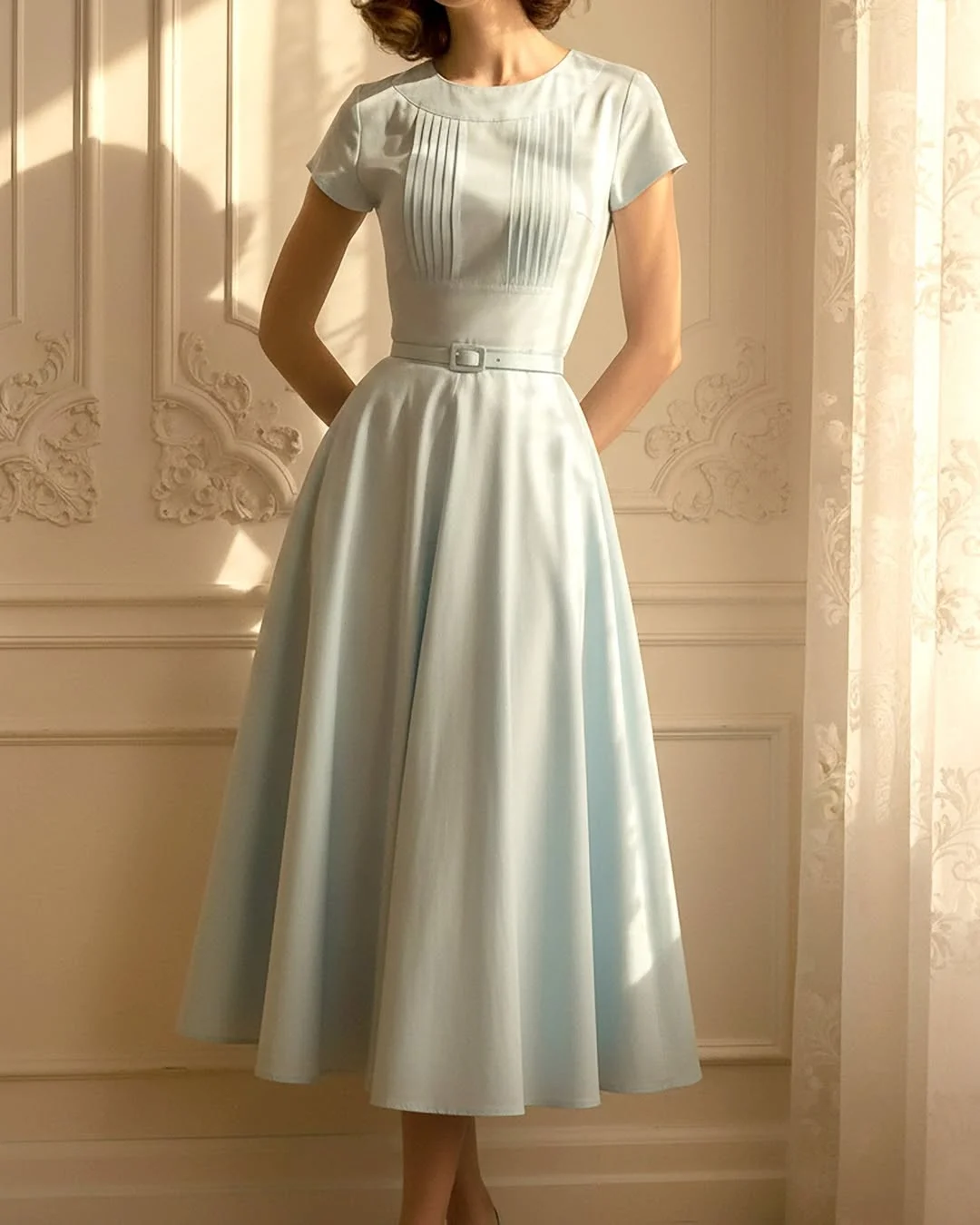 summer linen outfits 2026 Pale Blue Linen Midi Dress With Vintage Grace