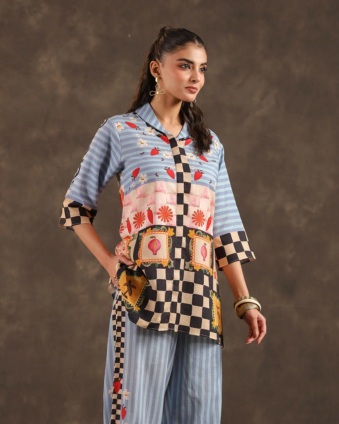 summer linen outfits 2026 Patterned Linen Co-Ord With Playful Checks And Stripes