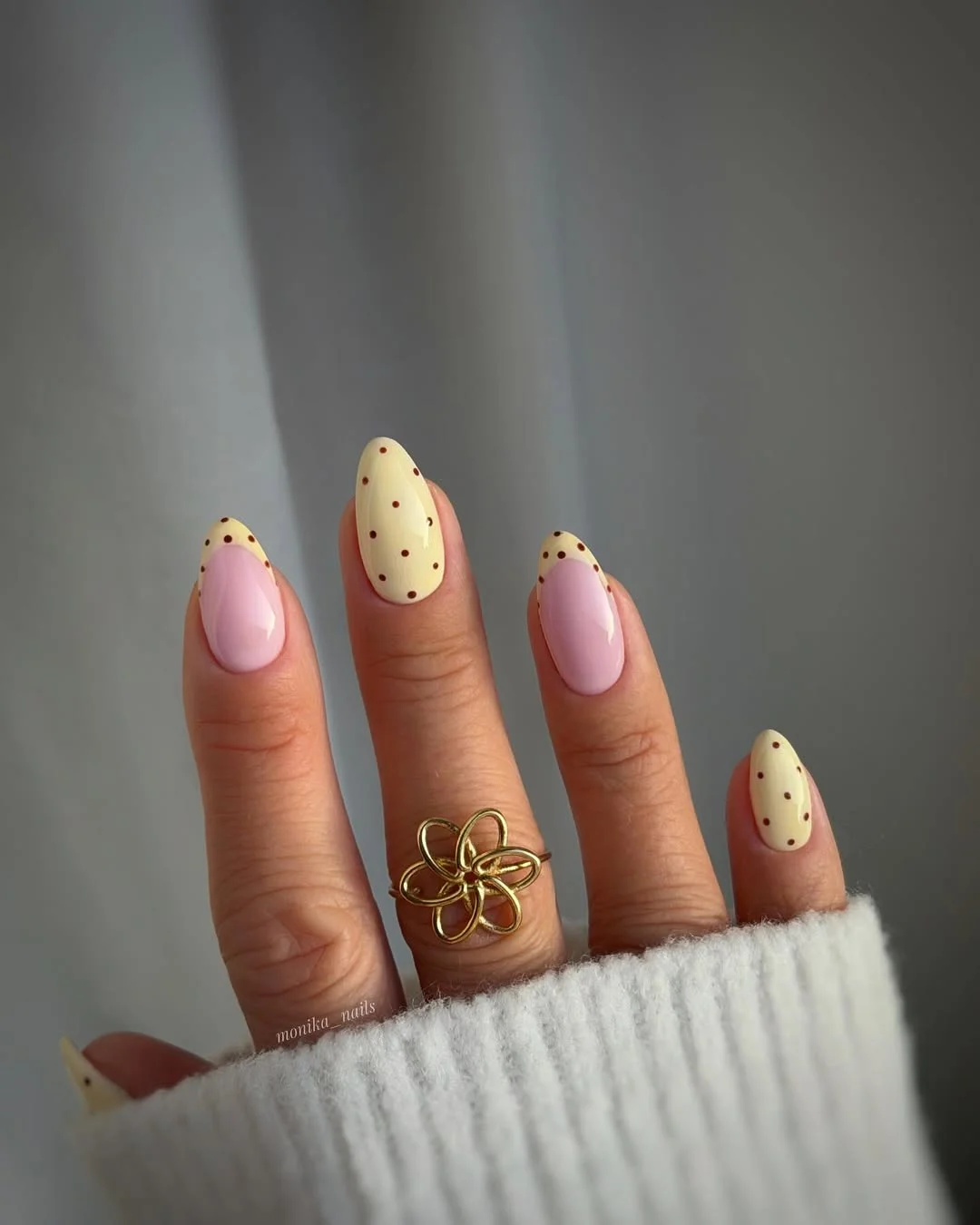 summer nails one color 2026 + Butter Yellow and Blush Almond Nails with Chocolate Dots