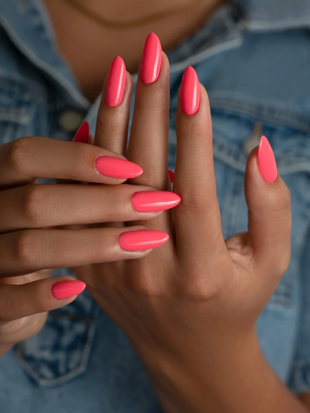summer nails one color 2026 + Electric Coral Pink Almond Nails Made for Sunny Days