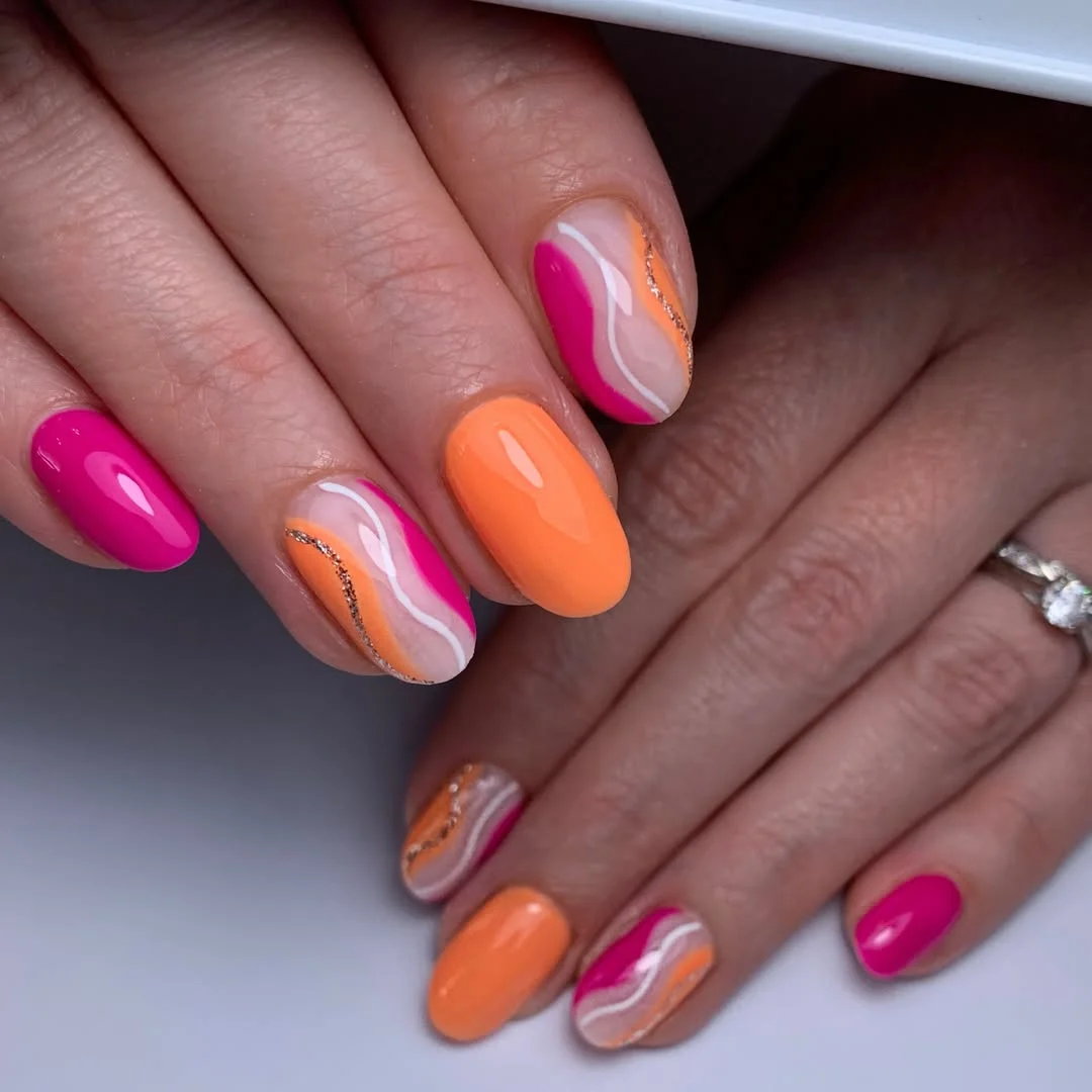 summer nails one color 2026 + Pink and Tangerine Wave Nails for a Playful Summer Twist
