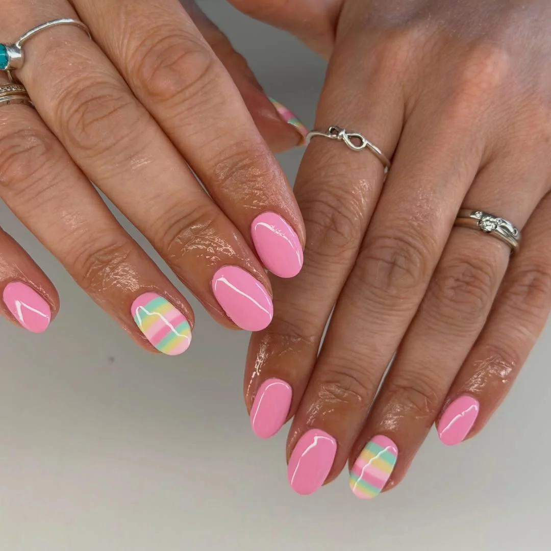 summer nails one color 2026 + Bubblegum Pink Nails with Pastel Summer Accent Stripes
