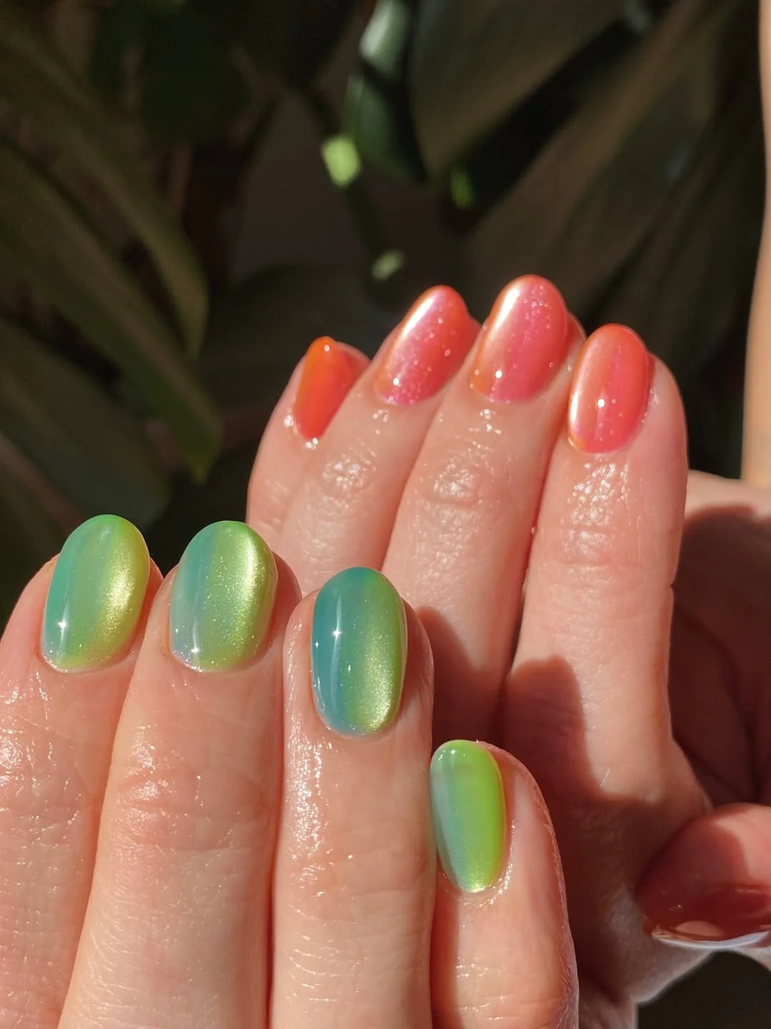 summer nails one color 2026 + Seafoam Cat Eye Nails with Coral Sunset Shimmer