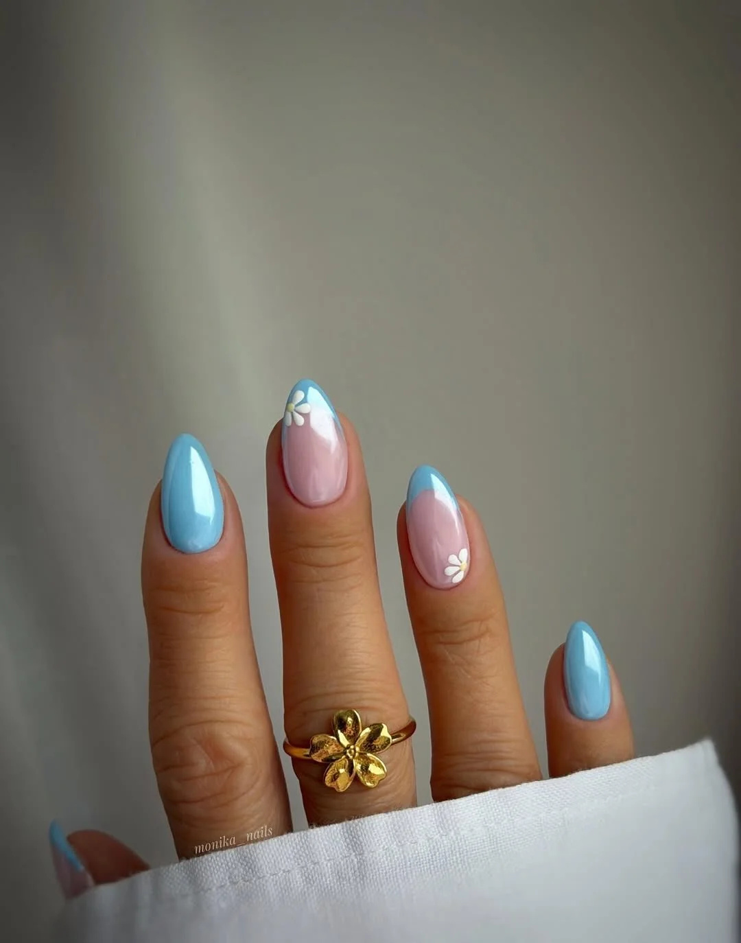 summer nails one color 2026 + Powder Blue Almond Nails with Tiny Daisy Details