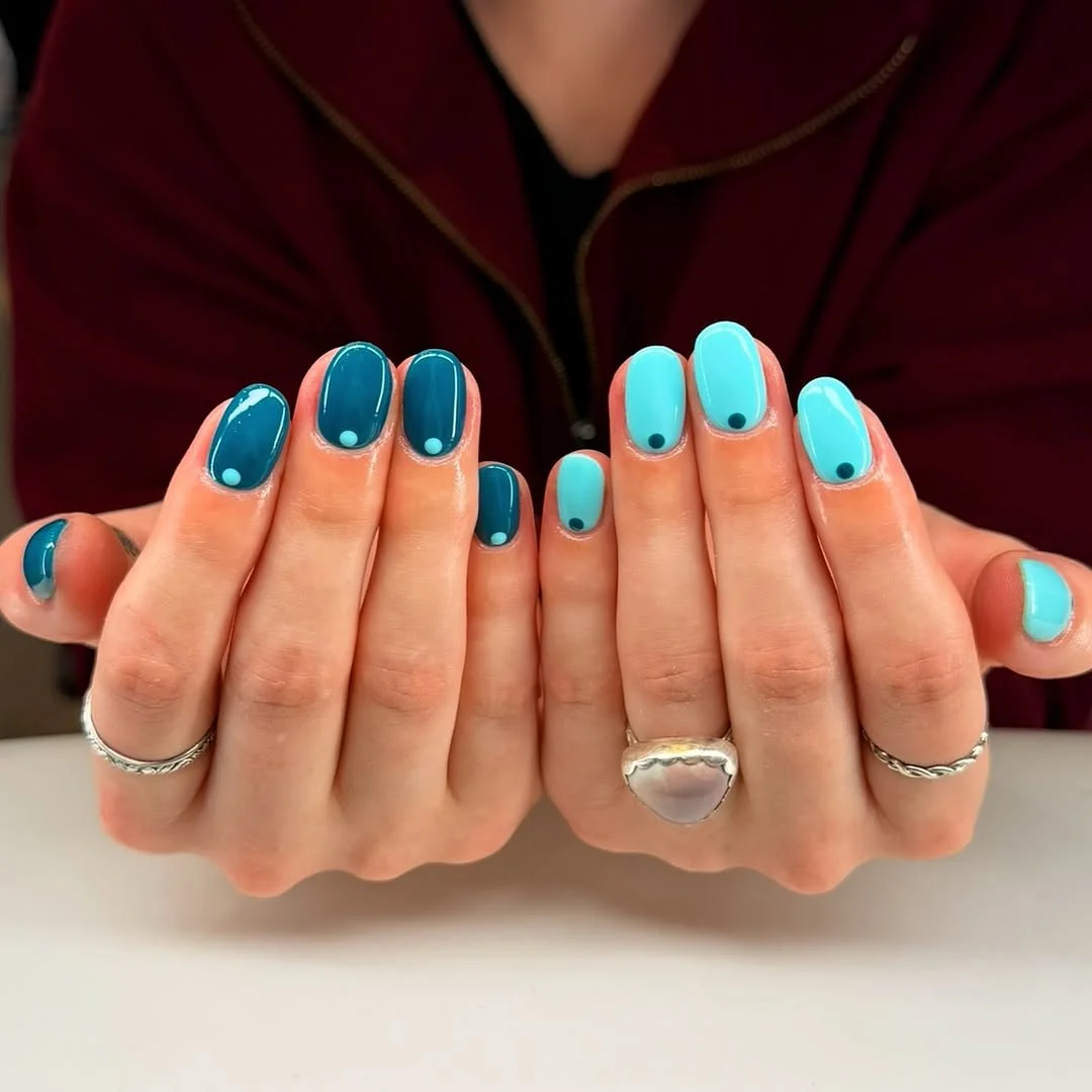 summer nails one color 2026 + Two Tone Aqua Short Nails with Minimal Dot Accents