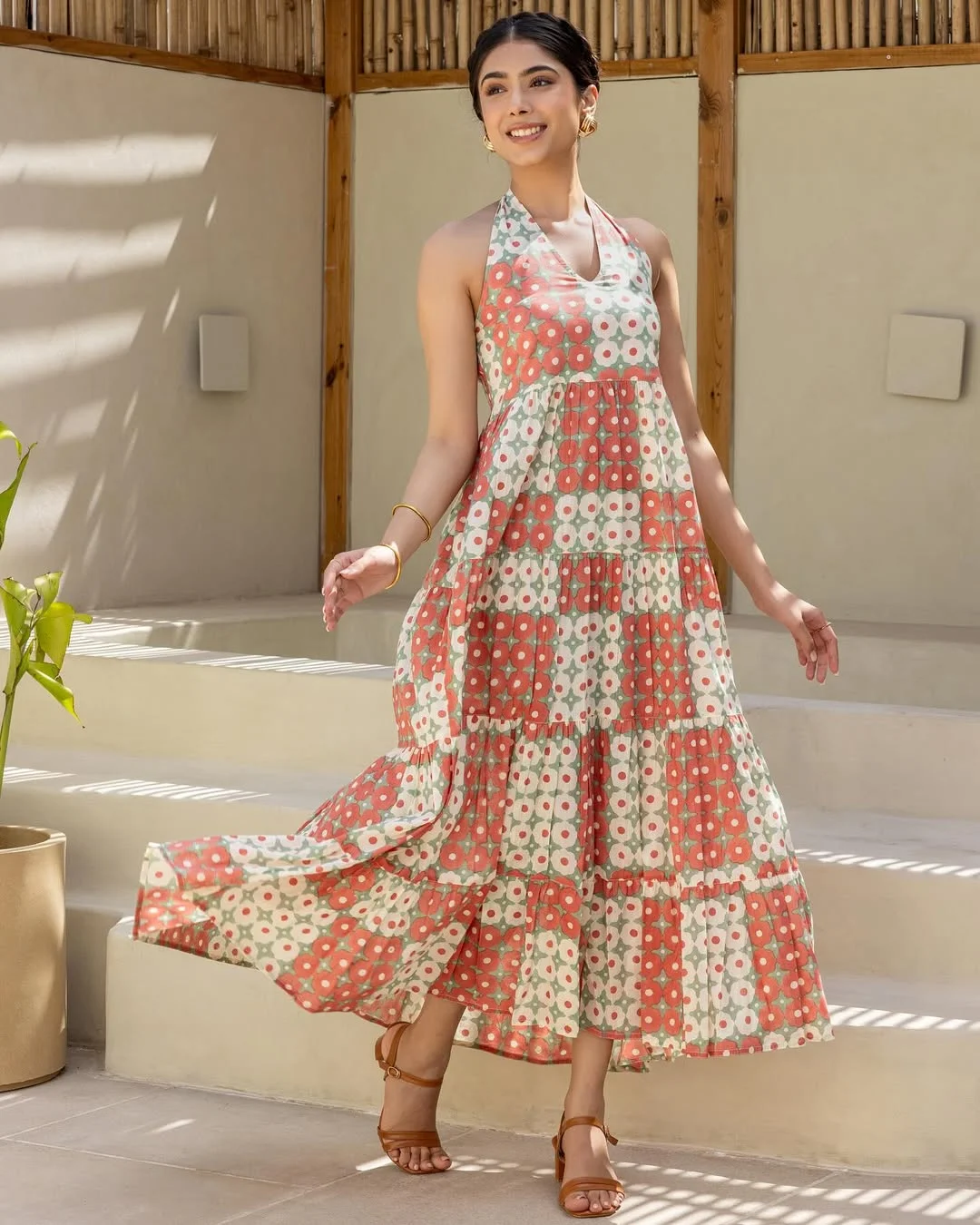 summer sleeveless dresses 2026 Coral Halter Maxi Dress With Sunlit Movement