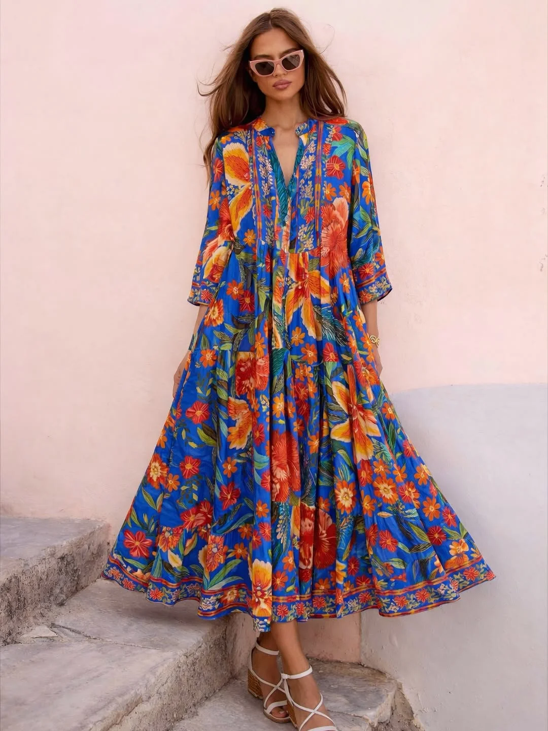 summer sleeveless dresses 2026 Blue Floral Resort Dress With Bold Vacation Color