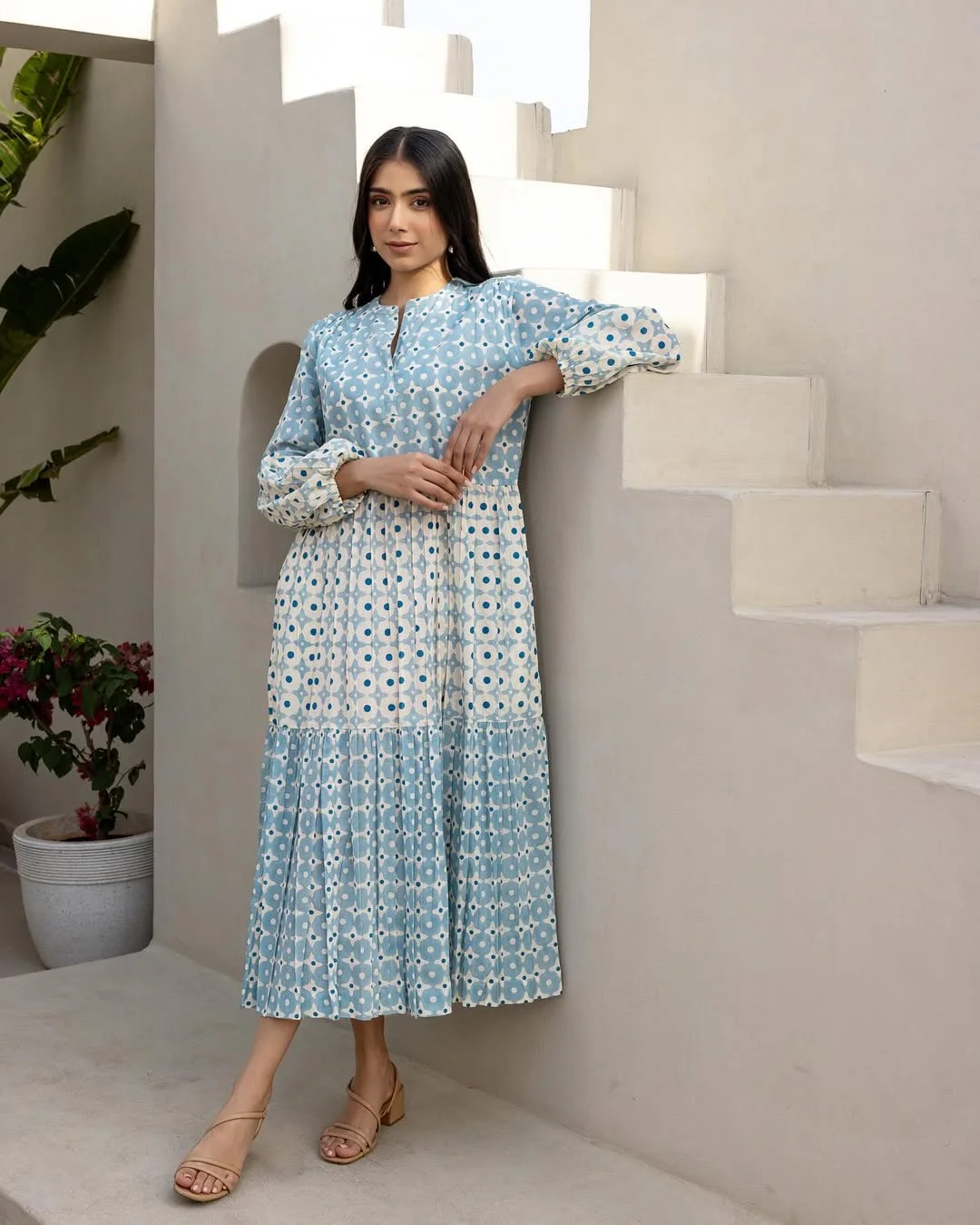 summer sleeveless dresses 2026 Blue Printed Midi Dress For Covered Summer Ease