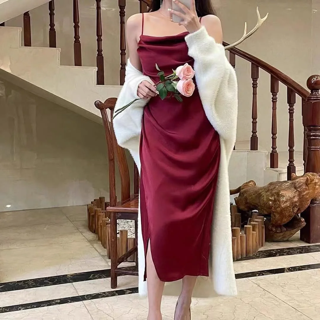 summer sleeveless dresses 2026 Burgundy Satin Slip Dress With A Soft Evening Cover-Up