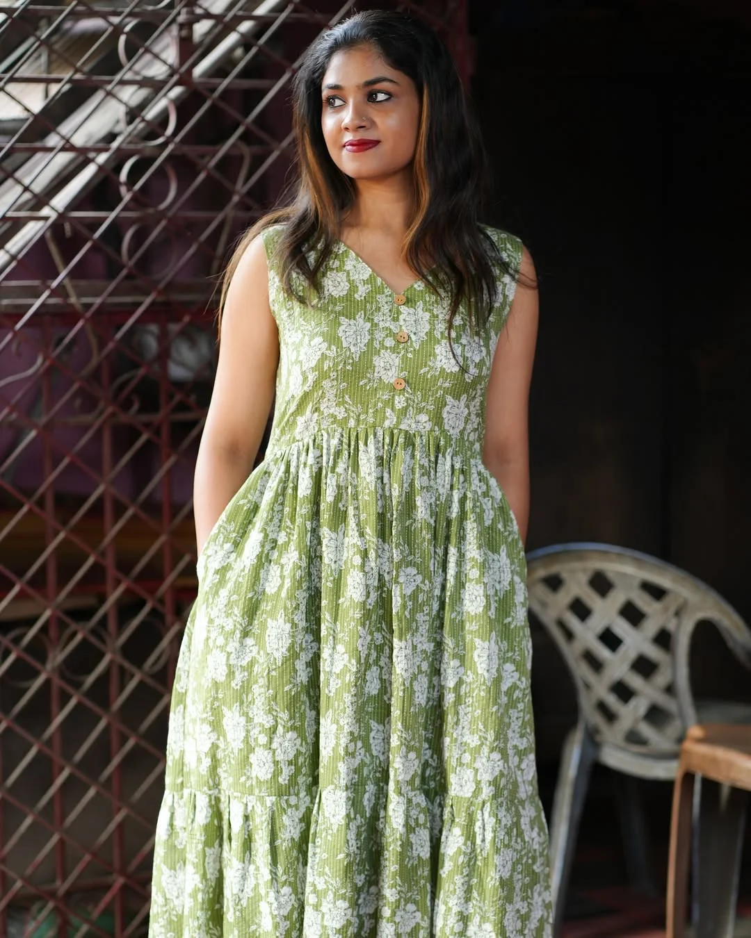 summer sleeveless dresses 2026 Green Floral Cotton Dress With Easy Daytime Charm