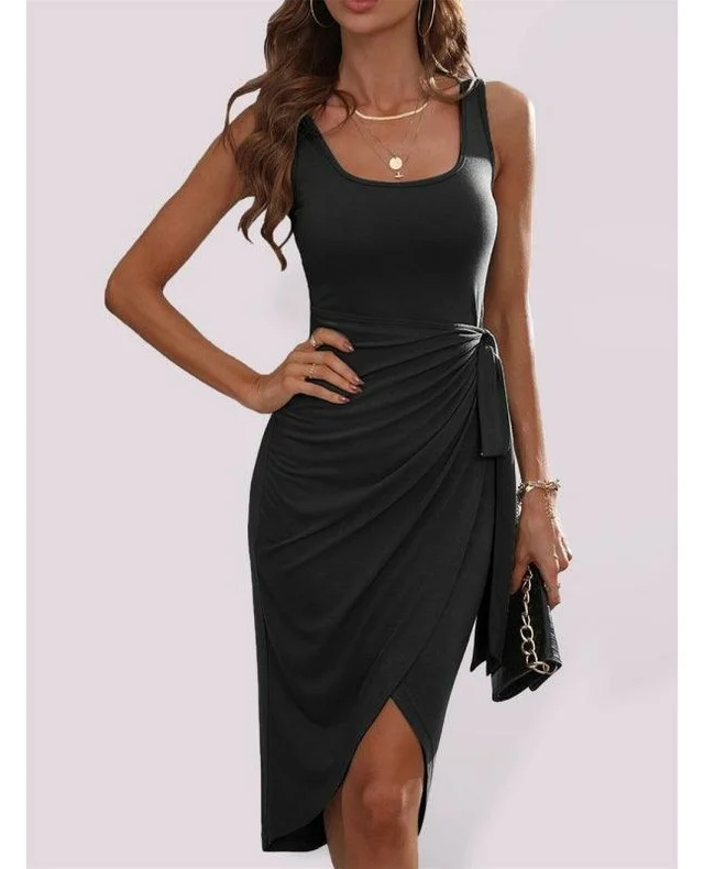 summer sleeveless dresses 2026 Black Wrap Midi Dress For A Sleek Summer Dinner