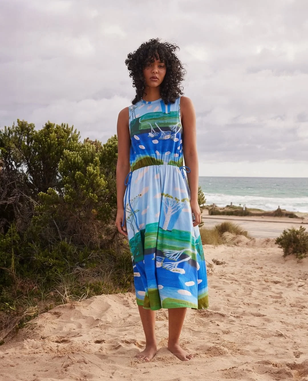 summer sleeveless dresses 2026 Painterly Beach Midi Dress With Coastal Color