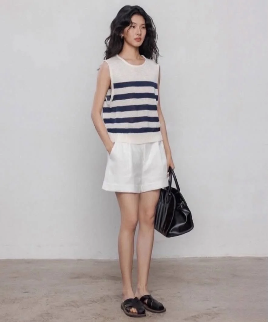 summer sleeveless tops 2026 Nautical Stripes With Soft White Shorts