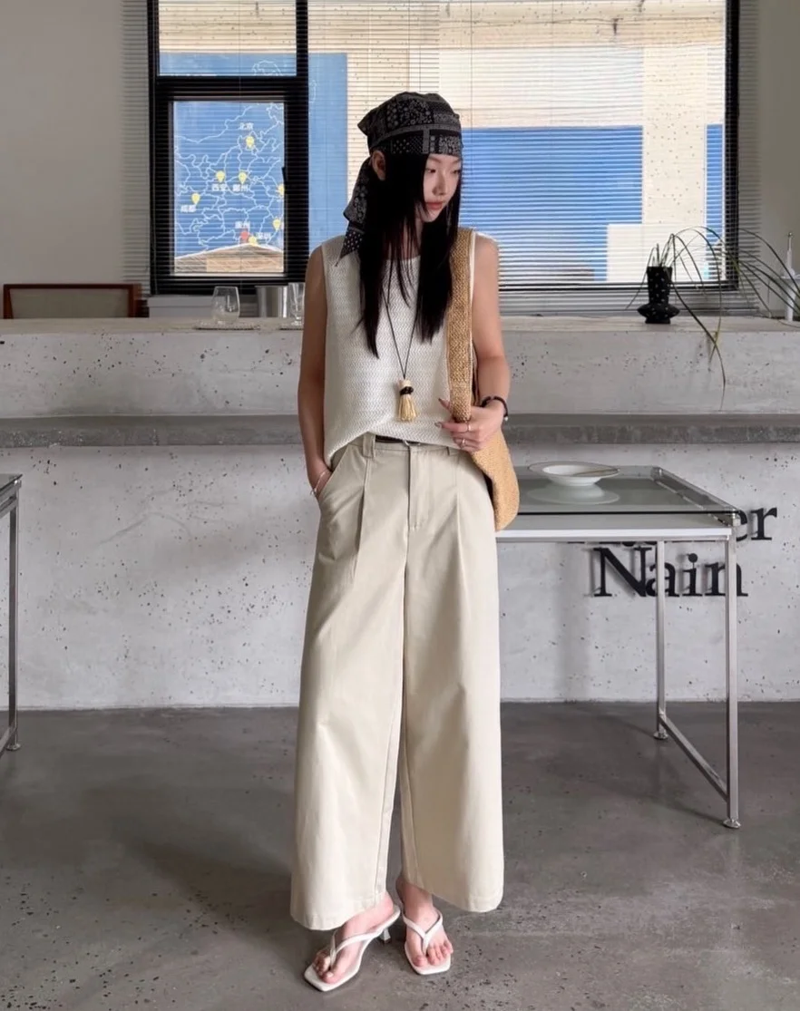 summer sleeveless tops 2026 Cream Knit Vest With Wide Trousers And A Headscarf