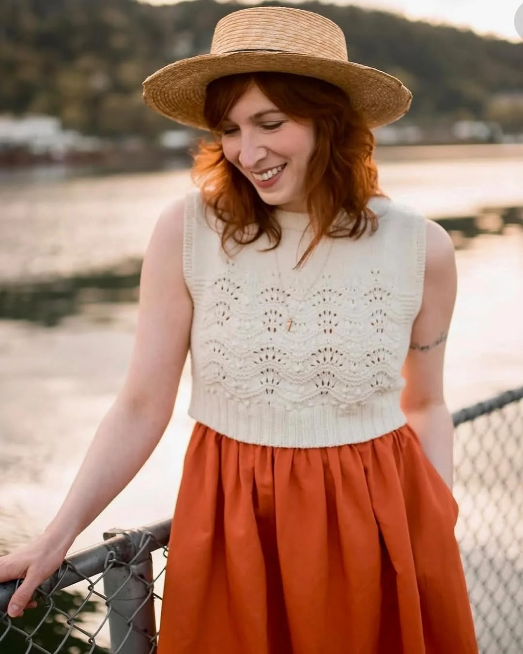 summer sleeveless tops 2026 Openwork Cream Knit With A Sunset Skirt