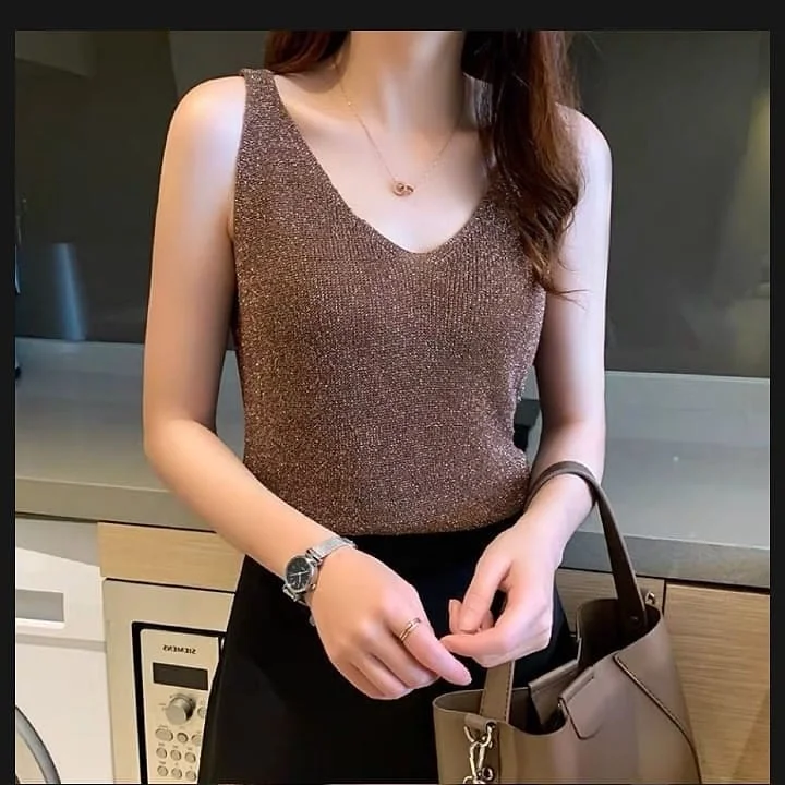 summer sleeveless tops 2026 Shimmery Mocha Tank With A Sleek Black Base