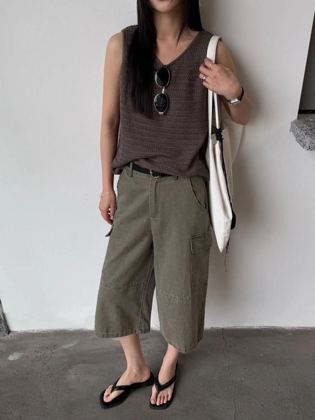 summer sleeveless tops 2026 Textured Brown Vest With Cargo-Length Pants