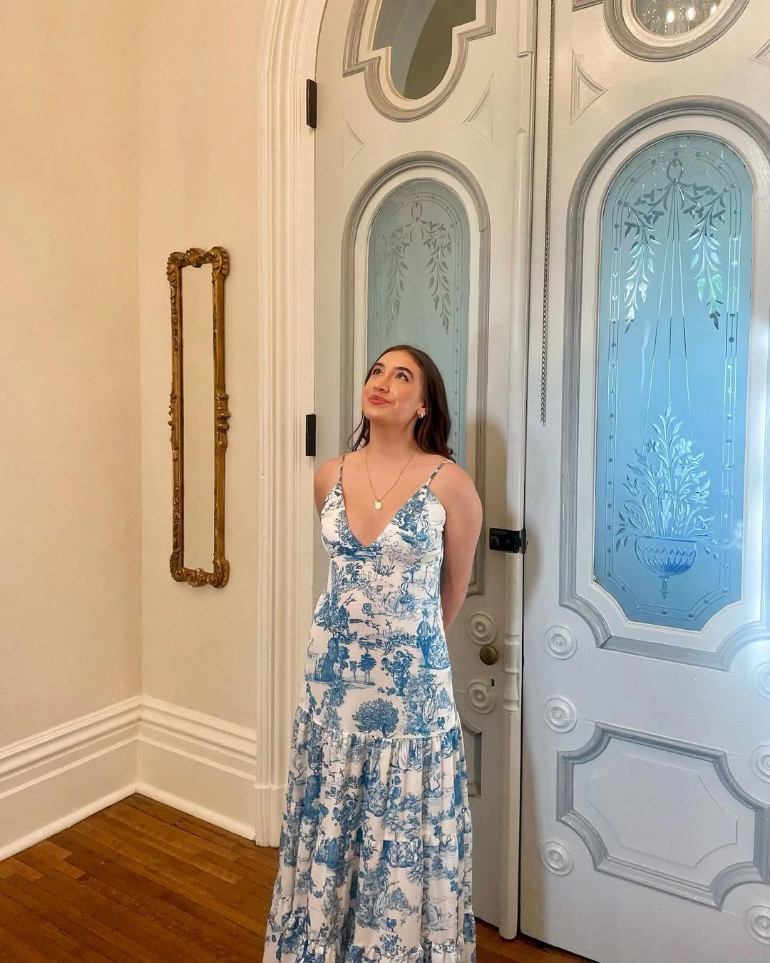 summer sundresses 2026 Blue Toile Maxi Sundress With Vintage Doorway Drama