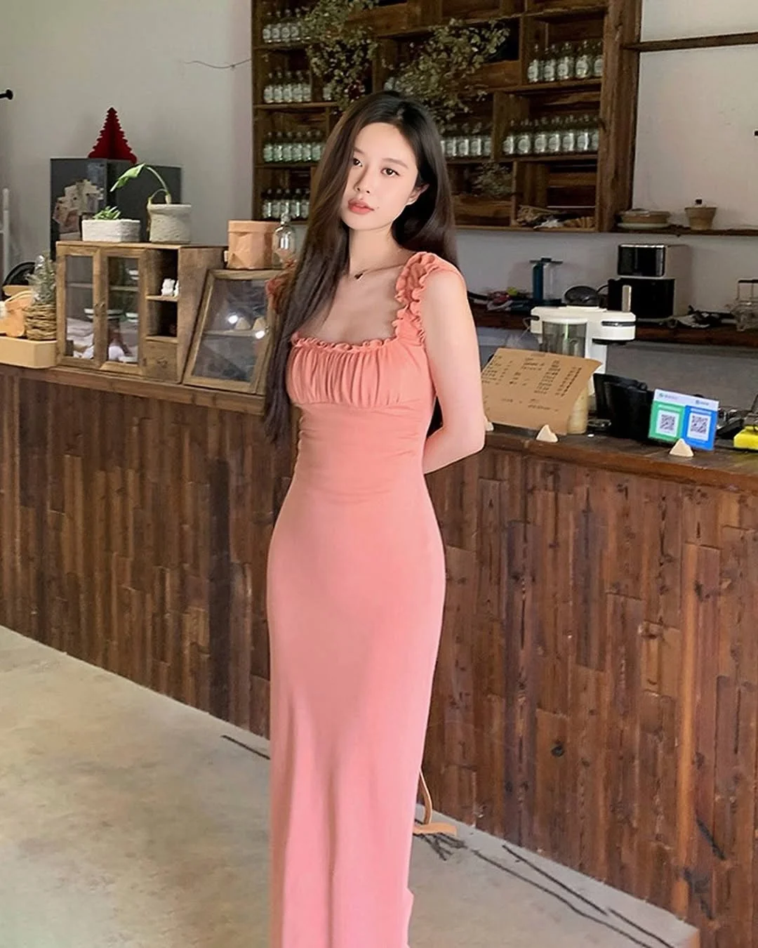 summer sundresses 2026 Coral Knit Maxi Sundress With Soft Cafe Polish