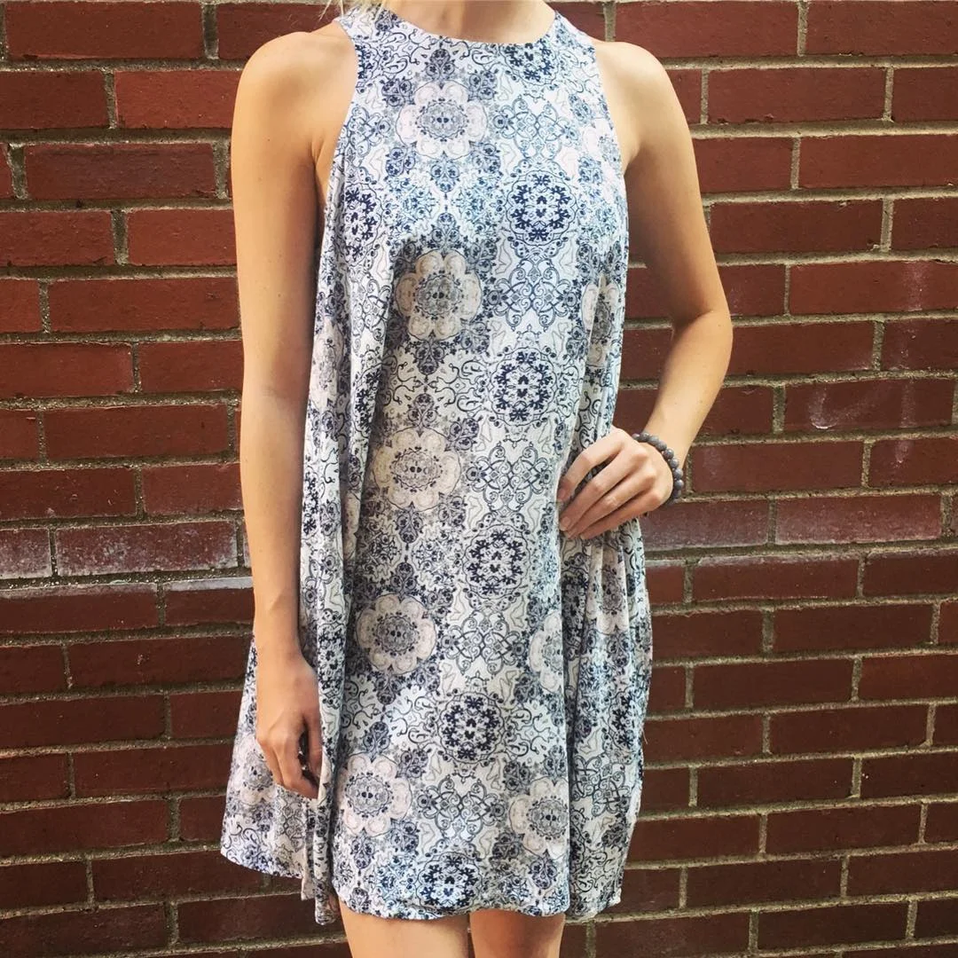 summer sundresses 2026 Blue Patterned Shift Dress For Easy City Days