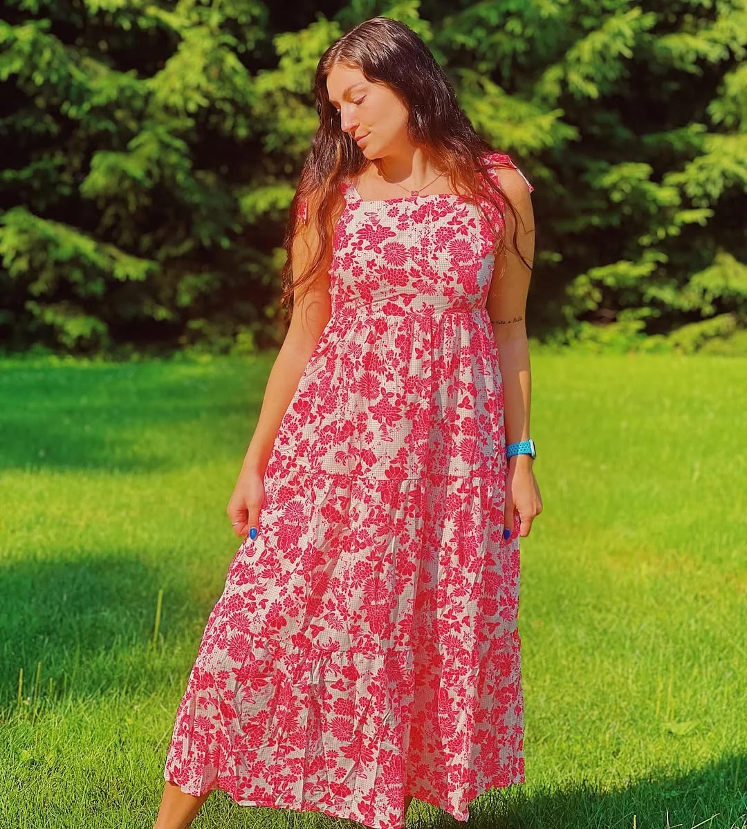 summer sundresses 2026 Red Floral Tiered Maxi Sundress For Picnic-Lawn Afternoons